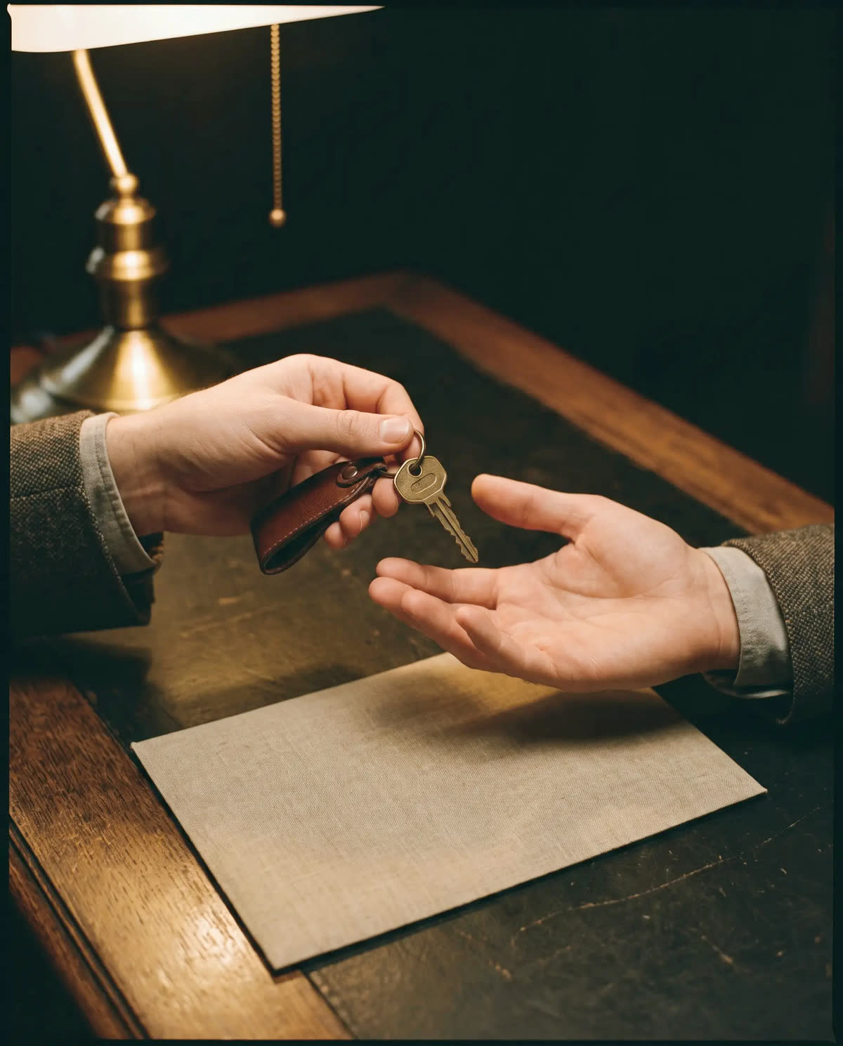 A set of keys passing between two hands over a desk